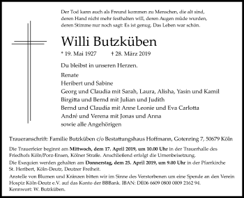 Anzeige von Willi Butzküben von Kölner Stadt-Anzeiger / Kölnische Rundschau / Express