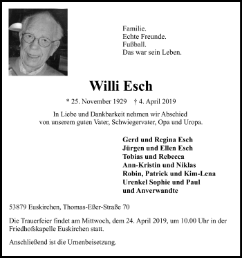 Anzeige von Willi Esch von Kölner Stadt-Anzeiger / Kölnische Rundschau / Express