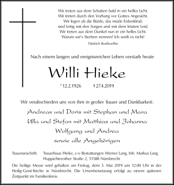 Anzeige von Willi Hieke von Kölner Stadt-Anzeiger / Kölnische Rundschau / Express