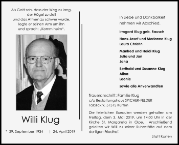 Anzeige von Willi Klug von Kölner Stadt-Anzeiger / Kölnische Rundschau / Express