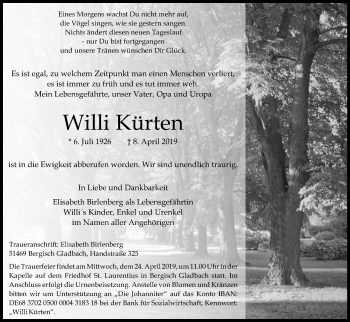 Anzeige von Willi Kürten von Kölner Stadt-Anzeiger / Kölnische Rundschau / Express