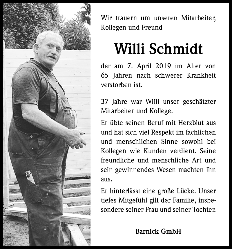  Traueranzeige für Willi Schmidt vom 13.04.2019 aus Kölner Stadt-Anzeiger / Kölnische Rundschau / Express