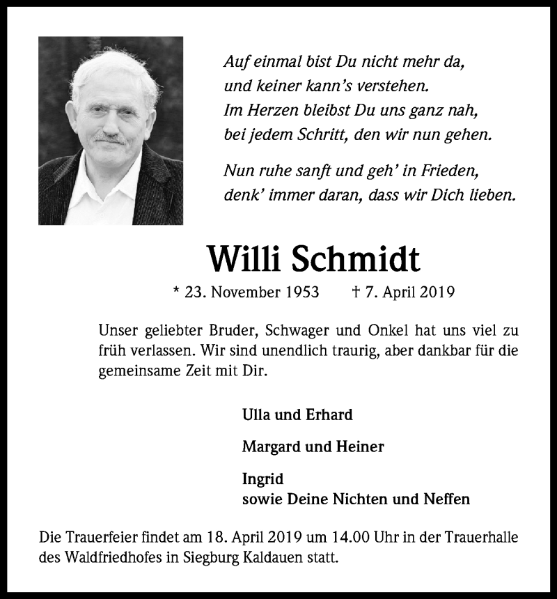  Traueranzeige für Willi Schmidt vom 13.04.2019 aus Kölner Stadt-Anzeiger / Kölnische Rundschau / Express