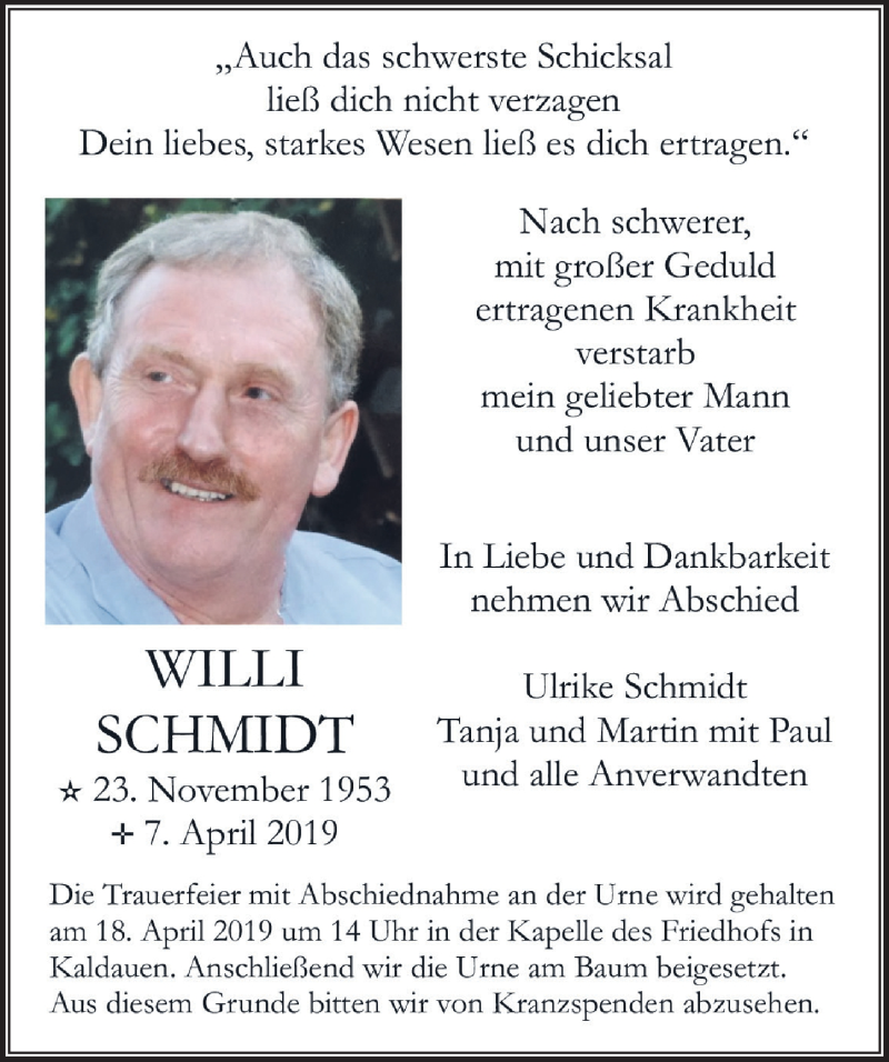  Traueranzeige für Willi Schmidt vom 13.04.2019 aus  Rhein-Sieg-Wochenende 