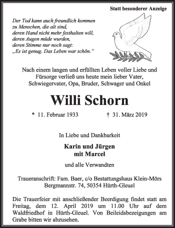 Anzeige von Willi Schorn von  Sonntags-Post 