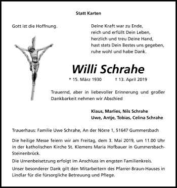 Anzeige von Willi Schrahe von Kölner Stadt-Anzeiger / Kölnische Rundschau / Express