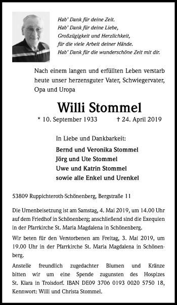 Anzeige von Willi Stommel von Kölner Stadt-Anzeiger / Kölnische Rundschau / Express