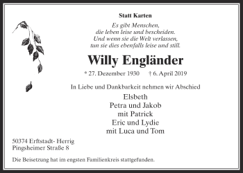 Anzeige von Willy Engländer von  Werbepost 