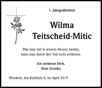 Anzeige von Wilma Teitscheid-Mitic von Kölner Stadt-Anzeiger / Kölnische Rundschau / Express