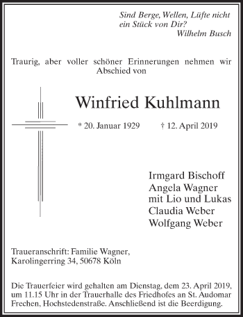 Anzeige von Winfried Kuhlmann von  Sonntags-Post 