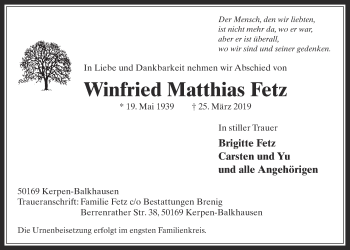 Anzeige von Winfried Matthias Fetz von  Werbepost 