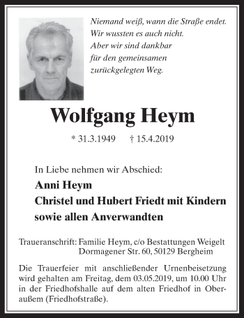 Anzeige von Wolfgang Heym von  Werbepost 