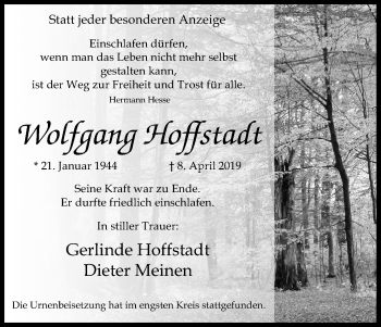Anzeige von Wolfgang Hoffstadt von Kölner Stadt-Anzeiger / Kölnische Rundschau / Express