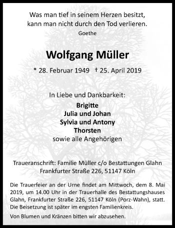 Anzeige von Wolfgang Müller von  Kölner Wochenspiegel 