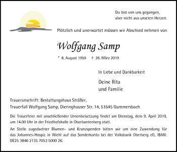 Anzeige von Wolfgang Samp von  Anzeigen Echo 