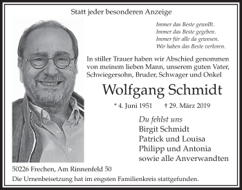 Anzeige von Wolfgang Schmidt von  Sonntags-Post 