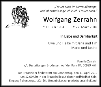 Anzeige von Wolfgang Zerrahn von Kölner Stadt-Anzeiger / Kölnische Rundschau / Express