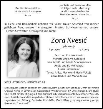 Anzeige von Zora Kvesic von Kölner Stadt-Anzeiger / Kölnische Rundschau / Express