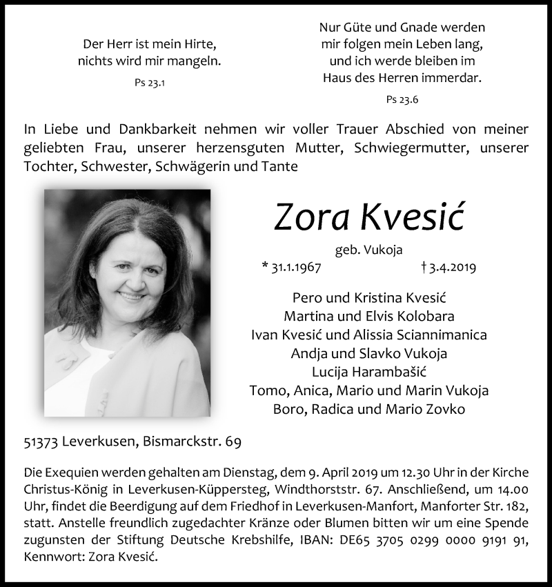  Traueranzeige für Zora Kvesic vom 06.04.2019 aus Kölner Stadt-Anzeiger / Kölnische Rundschau / Express