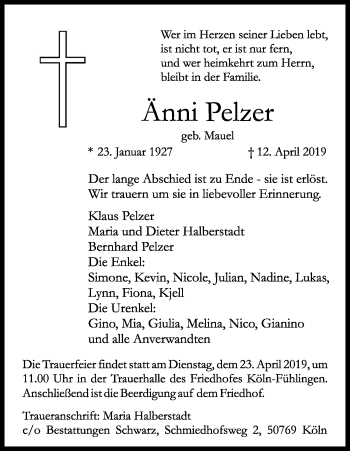 Anzeige von Änni Pelzer von Kölner Stadt-Anzeiger / Kölnische Rundschau / Express