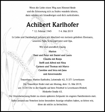 Anzeige von Achibert Karlhofer von Kölner Stadt-Anzeiger / Kölnische Rundschau / Express