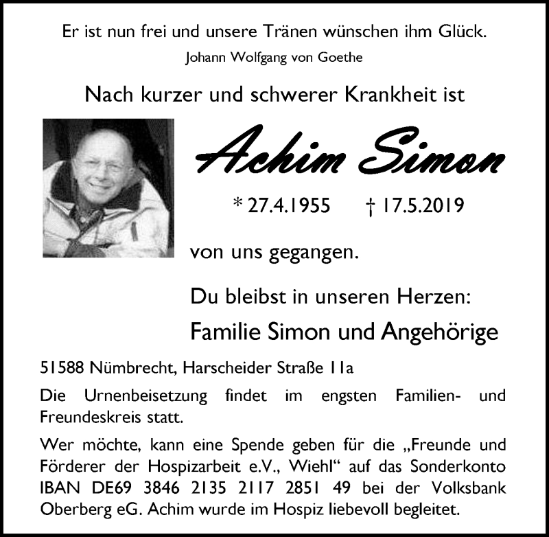  Traueranzeige für Achim Simon vom 22.05.2019 aus  Anzeigen Echo  Lokalanzeiger 