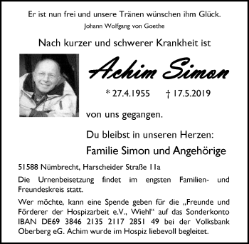 Anzeige von Achim Simon von  Anzeigen Echo  Lokalanzeiger 
