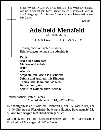 Anzeige von Adelheid Menzfeld von Kölner Stadt-Anzeiger / Kölnische Rundschau / Express