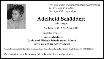 Anzeige von Adelheid Schöddert von Kölner Stadt-Anzeiger / Kölnische Rundschau / Express