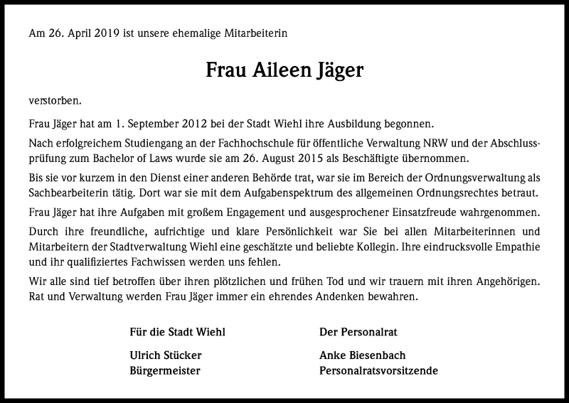  Traueranzeige für Aileen Jäger vom 04.05.2019 aus Kölner Stadt-Anzeiger / Kölnische Rundschau / Express