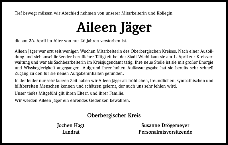  Traueranzeige für Aileen Jäger vom 08.05.2019 aus Kölner Stadt-Anzeiger / Kölnische Rundschau / Express