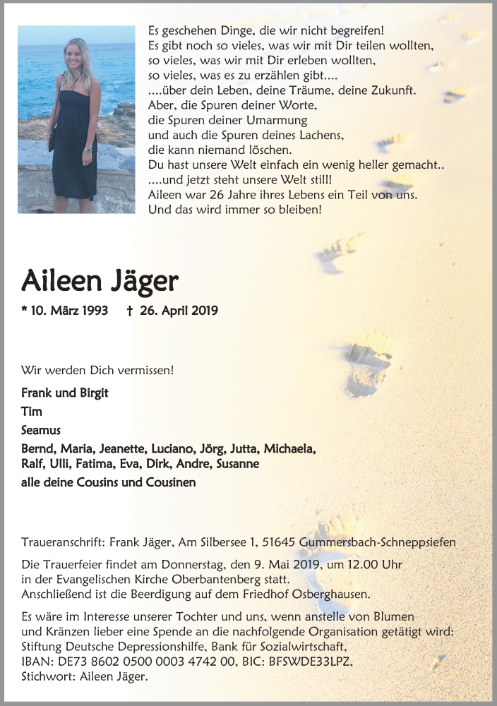 Traueranzeige für Aileen Jäger vom 04.05.2019 aus Kölner Stadt-Anzeiger / Kölnische Rundschau / Express