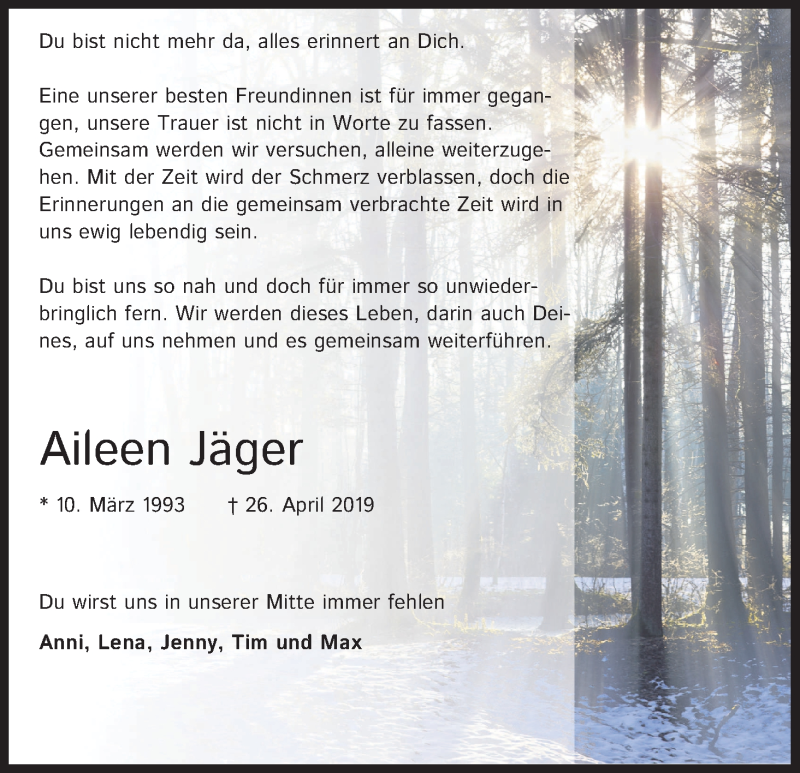  Traueranzeige für Aileen Jäger vom 04.05.2019 aus Kölner Stadt-Anzeiger / Kölnische Rundschau / Express