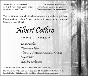 Anzeige von Albert Cathro von  Lokalanzeiger 