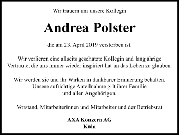 Anzeige von Andrea Polster von Kölner Stadt-Anzeiger / Kölnische Rundschau / Express