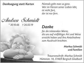 Anzeige von Andrea Schmidt von  Bergisches Sonntagsblatt 