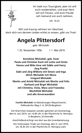 Anzeige von Angela Plittersdorf von Kölner Stadt-Anzeiger / Kölnische Rundschau / Express