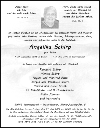 Anzeige von Angelika Schirp von Kölner Stadt-Anzeiger / Kölnische Rundschau / Express