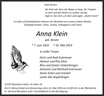 Anzeige von Anna Klein von Kölner Stadt-Anzeiger / Kölnische Rundschau / Express