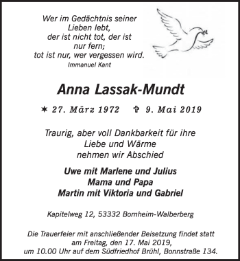 Anzeige von Anna Lassak-Mundt von  Schlossbote/Werbekurier 