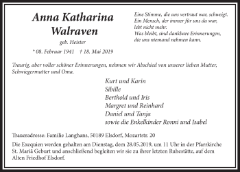 Anzeige von Anna Katharina Walraven von  Sonntags-Post 