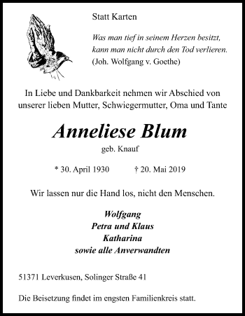Anzeige von Anneliese Blum von Kölner Stadt-Anzeiger / Kölnische Rundschau / Express