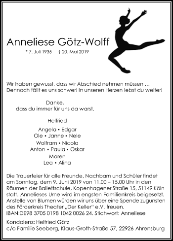 Anzeige von Anneliese Götz-Wolff von Kölner Stadt-Anzeiger / Kölnische Rundschau / Express