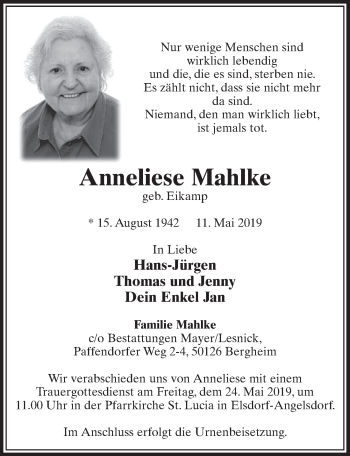 Anzeige von Anneliese Mahlke von  Sonntags-Post 