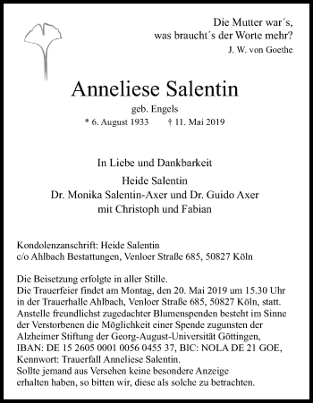 Anzeige von Anneliese Salentin von Kölner Stadt-Anzeiger / Kölnische Rundschau / Express