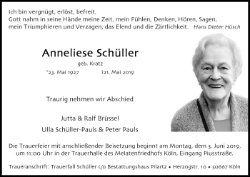 Anzeige von Anneliese Schüller von Kölner Stadt-Anzeiger / Kölnische Rundschau / Express