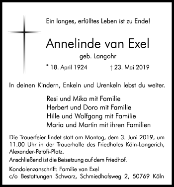 Anzeige von Annelinde van Exel von Kölner Stadt-Anzeiger / Kölnische Rundschau / Express