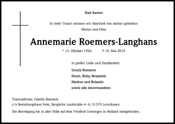 Anzeige von Annemarie Roemers-Langhans von Kölner Stadt-Anzeiger / Kölnische Rundschau / Express