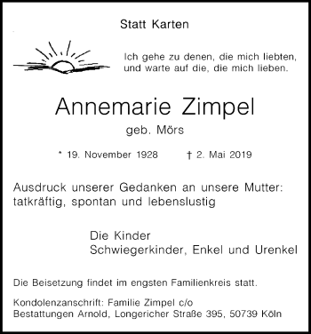 Anzeige von Annemarie Zimpel von Kölner Stadt-Anzeiger / Kölnische Rundschau / Express