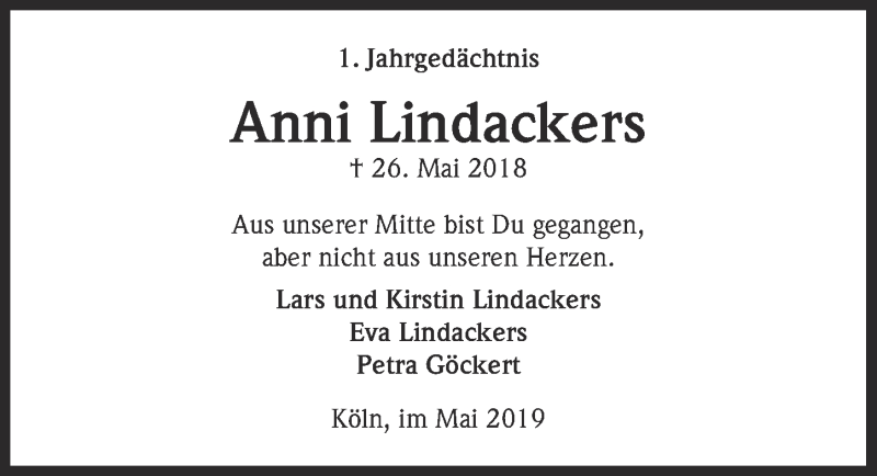  Traueranzeige für Anni Lindackers vom 29.05.2019 aus  Kölner Wochenspiegel 